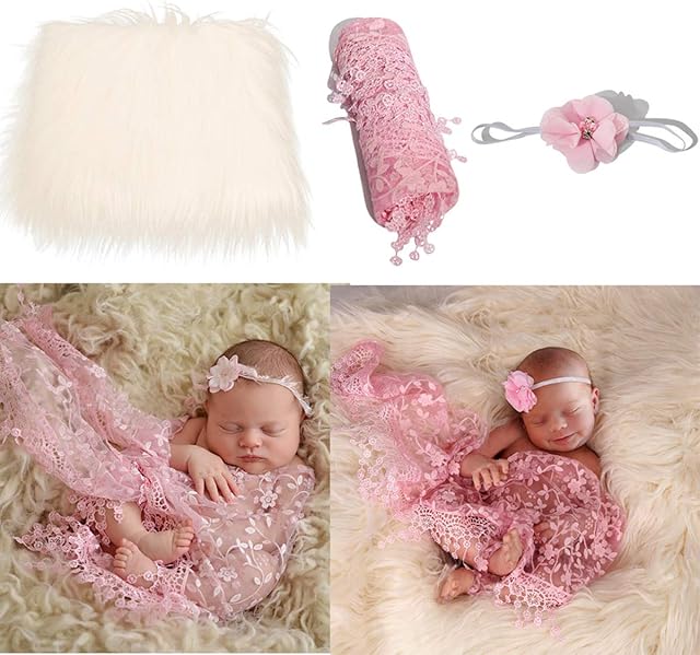 Newborn Photography Props 3Pcs Baby Fluffy Blanket Wraps and Headband Infant Shower Gift Photo Backdrops for Baby Boys and Girls