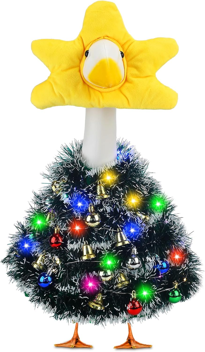 Abbylike Christmas Tree Goose Outfit with LED Lights Christmas Porch Goose Costume Fits Large 23'' Lawn Yard Patio Statue Outdoor Holiday Outfit Clothes Decoration with Bells, Lights and Golden Balls