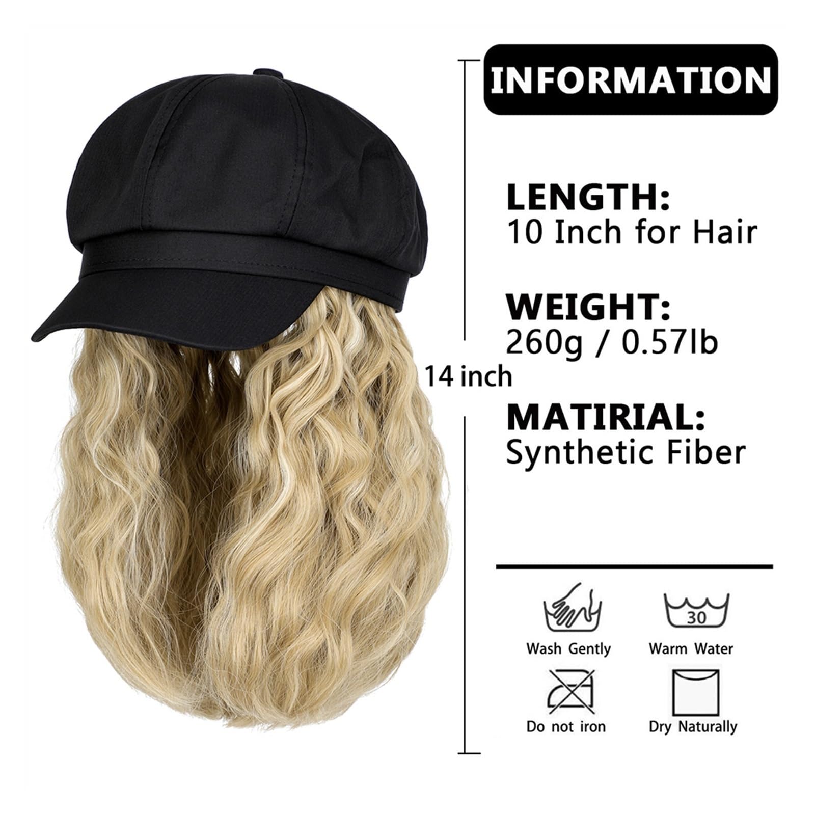 Gorra Calva Peluca de gorra Pelucas sintéticas rizadas onduladas 10 pulgadas Gorra béisbol peluca con pelucas cabello Extensiones Gorro de Pelo(F840 1)