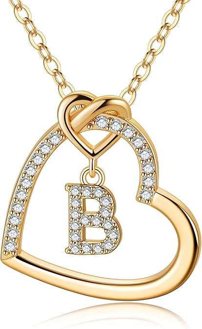 M MOOHAM Heart Initial Necklaces for Girls Teen Women, 14K Gold Plated Cubic Zirconia Heart Pendant Necklace