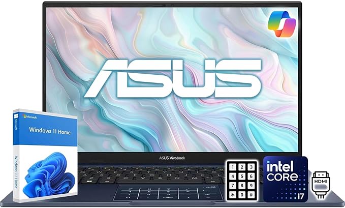 ASUS Vivobook 14 FHD Ordinateur portable | Processeur Intel Core i7 | Windows 11 amélioré par l'IA | 16 Go de RAM DDR4 | 1 To de stockage (SSD PCIe 512 Go + 500 Go externe) | Clavier Chiclet avec pavé