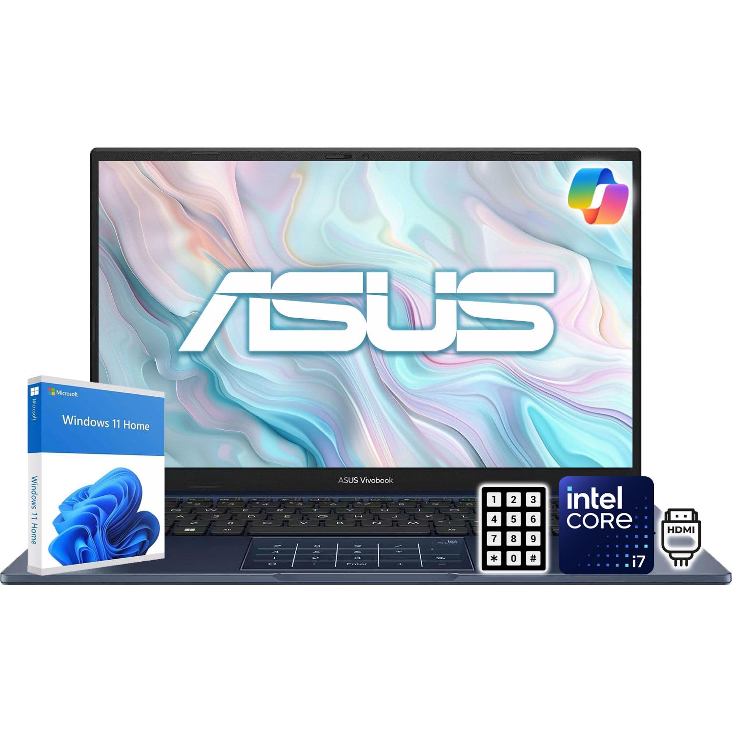 Vivobook 14 FHD Laptop | Intel Core i7 Processor | AI-Enhanced Windows 11 | 16GB DDR4 RAM | 756GB Storage (256GB PCIe SSD + 500GB External) | Chiclet Keyboard with NumberPad | SonicMaster