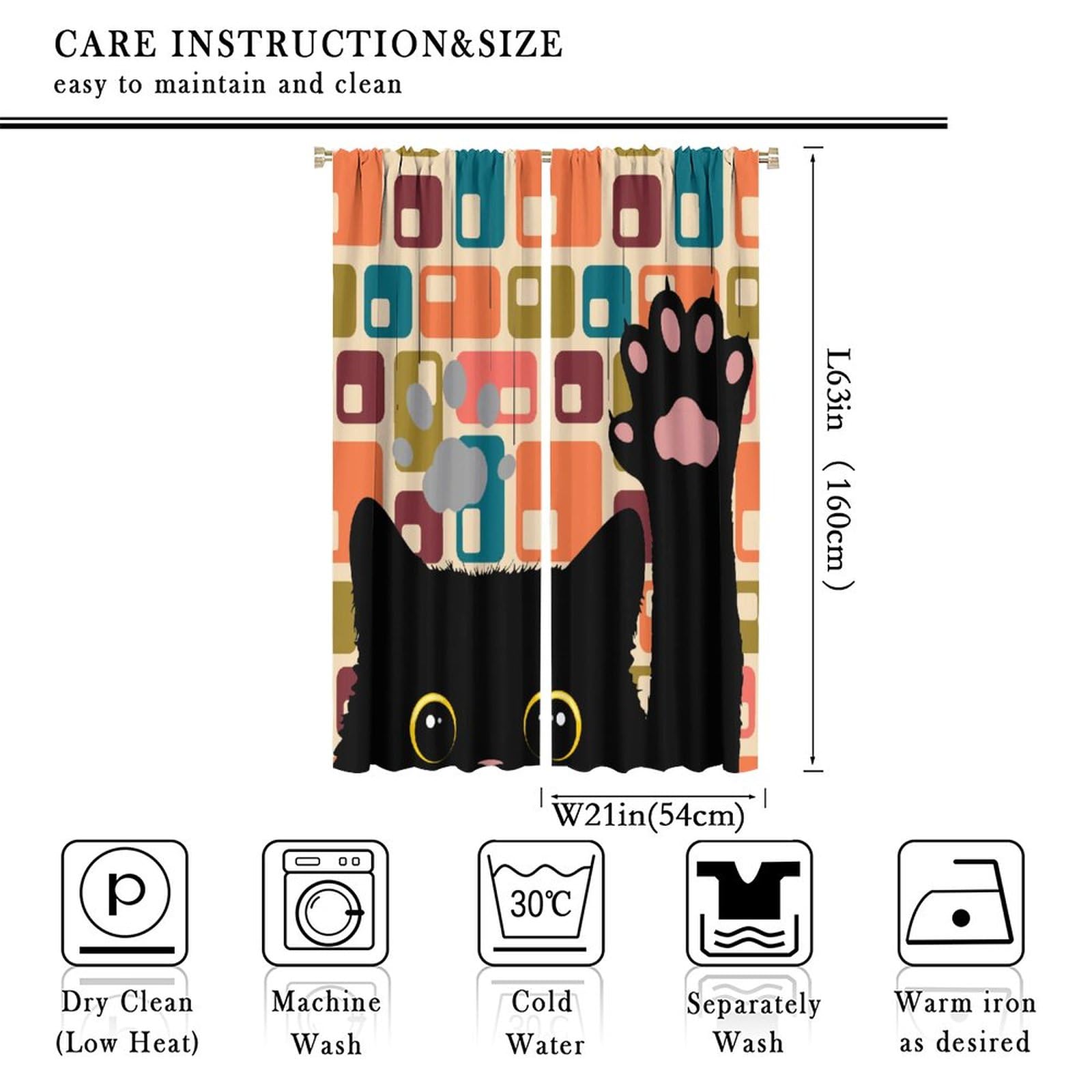 XBDDZSW Funny Cat Cute Cartoon Kids Curtains Modern Retro Boho Minimalism Abstract Geometric Background Kids Bedroom Living Room Decorative Blackout Curtains W42 * L63inch