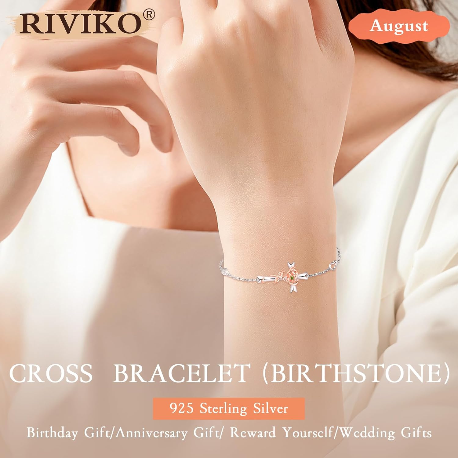 RIVIKO 925 Sterling Silver Cross Birthstone Bracelets for Women Cross Rose Bracelet Trendy Adjustable Christmas Day Anniversary Birthday Jewelry Gift for Women Her Wife Girlfriends Daughter Mom - Image 2