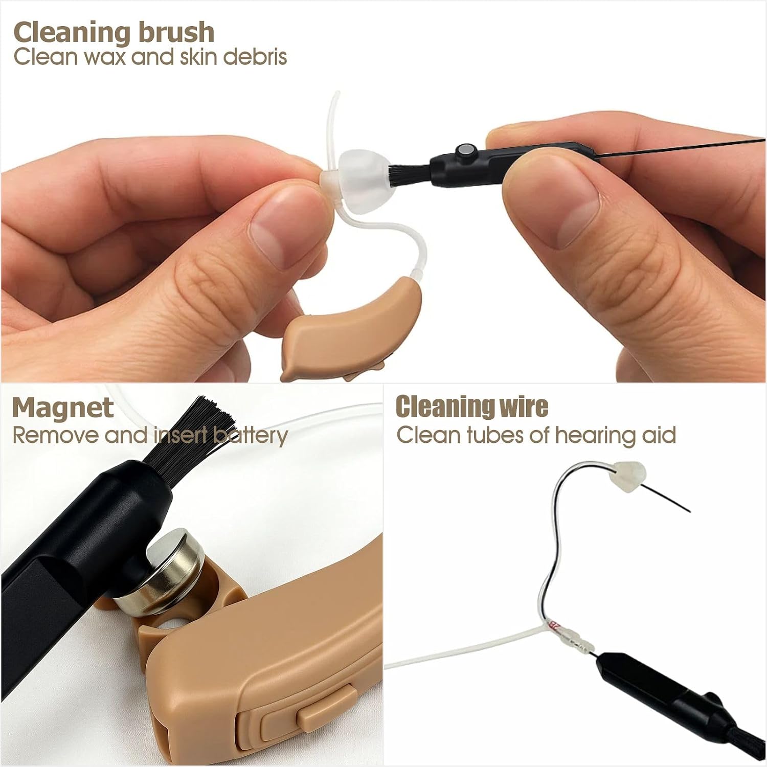 6 Piece Hearing Aid Cleaning Kit, Cleaning Brush Tools with Magnetic Brush, Wax Loop & Wire Cleaner for BTE, ITE & RIC Devices