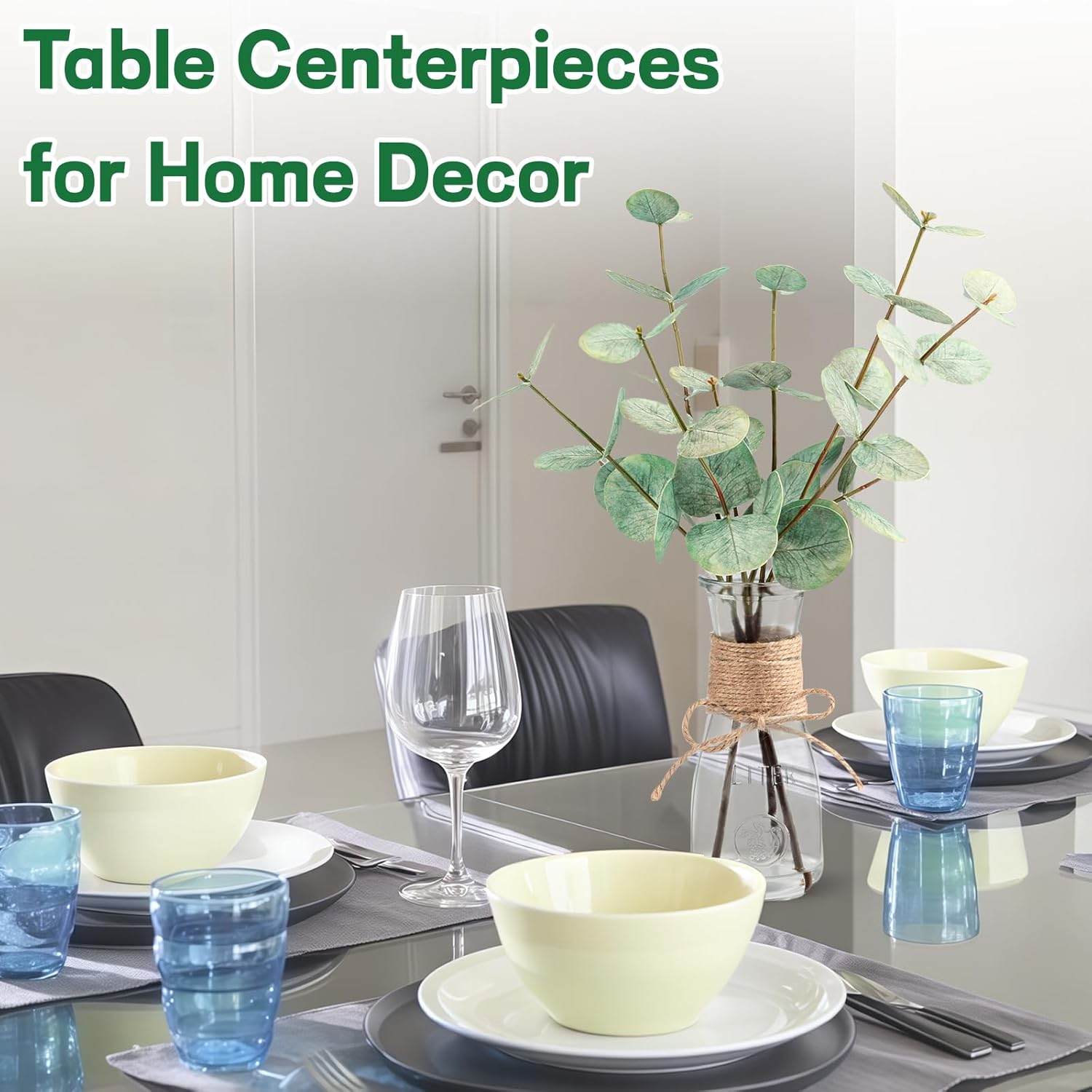 Artificial Eucalyptus Stems in Glass Vase with Faux Water, 15" Small Bathroom Greenery with Double-Sided Green Leaves, Farmhouse Office Decor, Realistic Fake Plant Wedding Centerpiece - Image 6