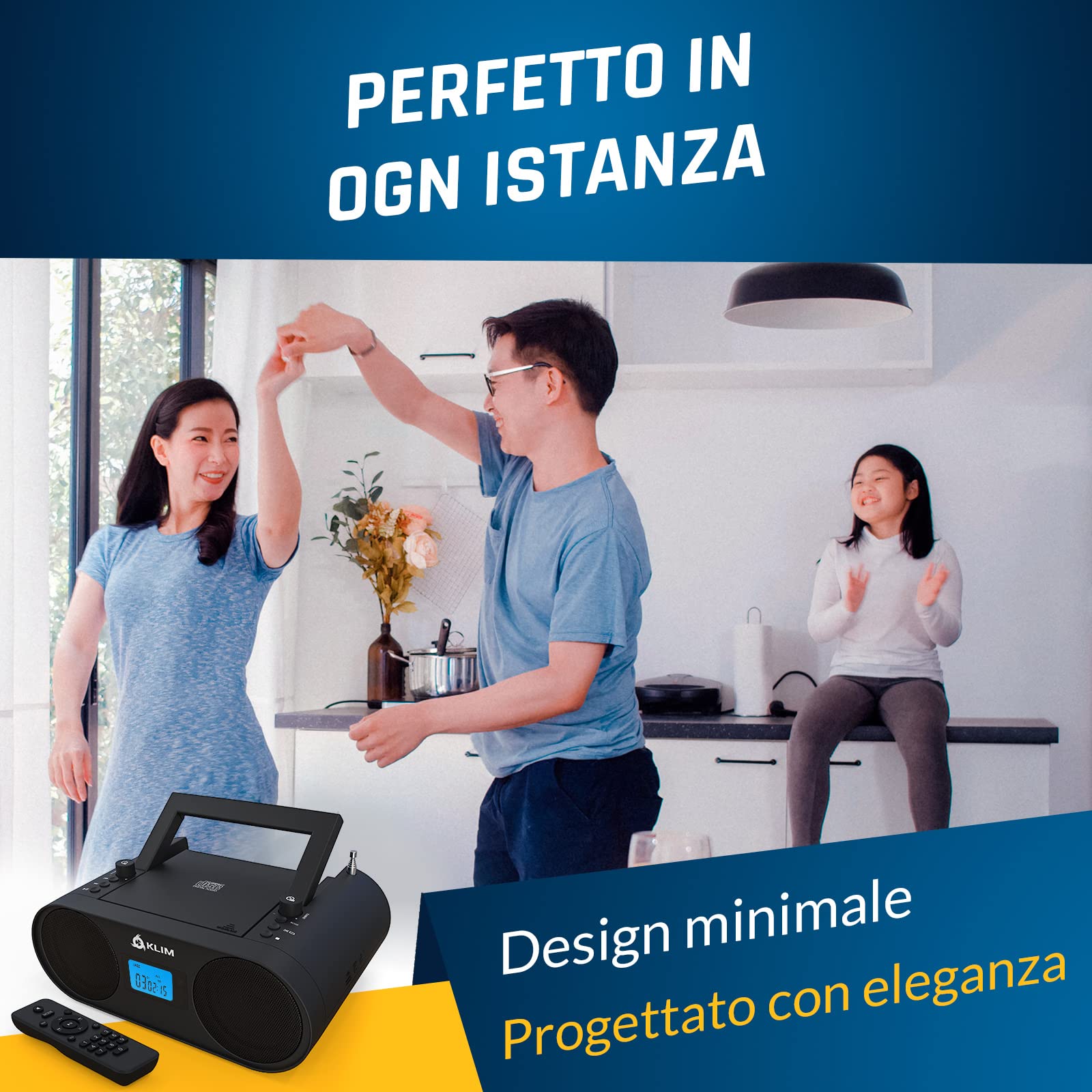 KLIM Lettore CD Stereo Boombox B4 + AM/FM Radio con Lettore CD e USB, Bluetooth, AUX + Stereo casa + Filo o Wireless + Batteria ricaricabile, Telecomando, Standby automatico, EQ Digitale + NUOVO