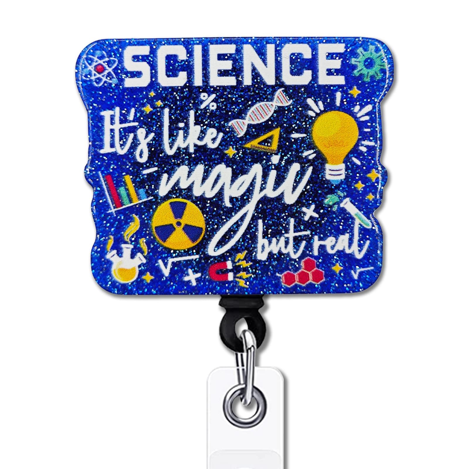 YAZMEENLab Tech Retractable Badge Reel with Alligator Clip Science It's Like Magic But Real ID Card Badge Holder Funny Dark Blue Glitter Badge Reel Gift for Scientist Nurse Doctor Medical Lab Work