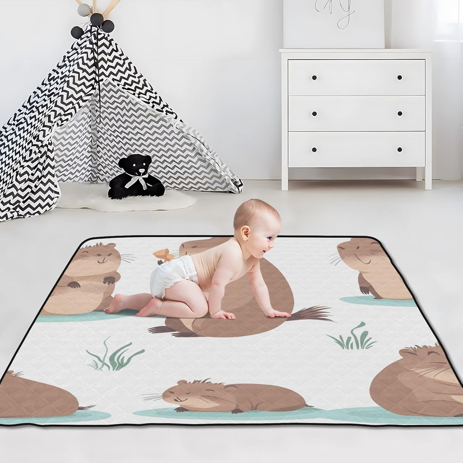 Beavers at Play 50x50 inches Baby Gyms Play Mat, Polyester Lightweight Quilted Cushion, Waterproof Surface, Soft and Thick, Slip Resistant Bottom and Machine Washable