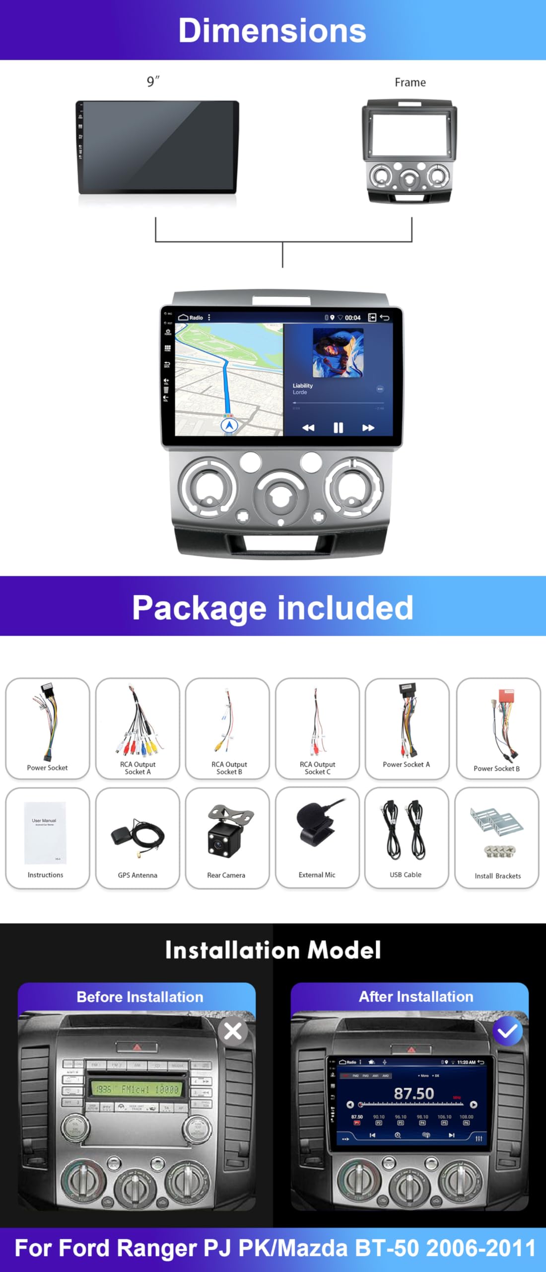 Radio de coche IPS 2 Din Android 14 de 9 pulgadas adecuada para Ford Ranger/Mazda BT-50 2006-2011- [6G+128G] - [Carplay integrado + DSP + GPS] - [Cámara + micrófono] SWC BT 4G WiFi AUX DAB