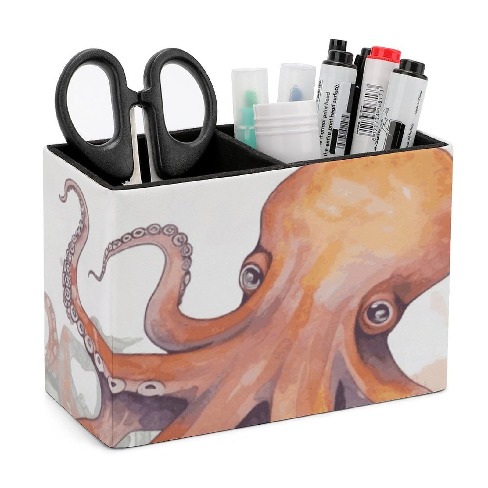 LZQPOEAS Exquisite Patterns PU Leather Pen Holder, Multifunctional Desktop Organizer Caddy with 2 Compartments, Octopus Tentacles Pencil Cup Makeup Brush Holder for Office Home