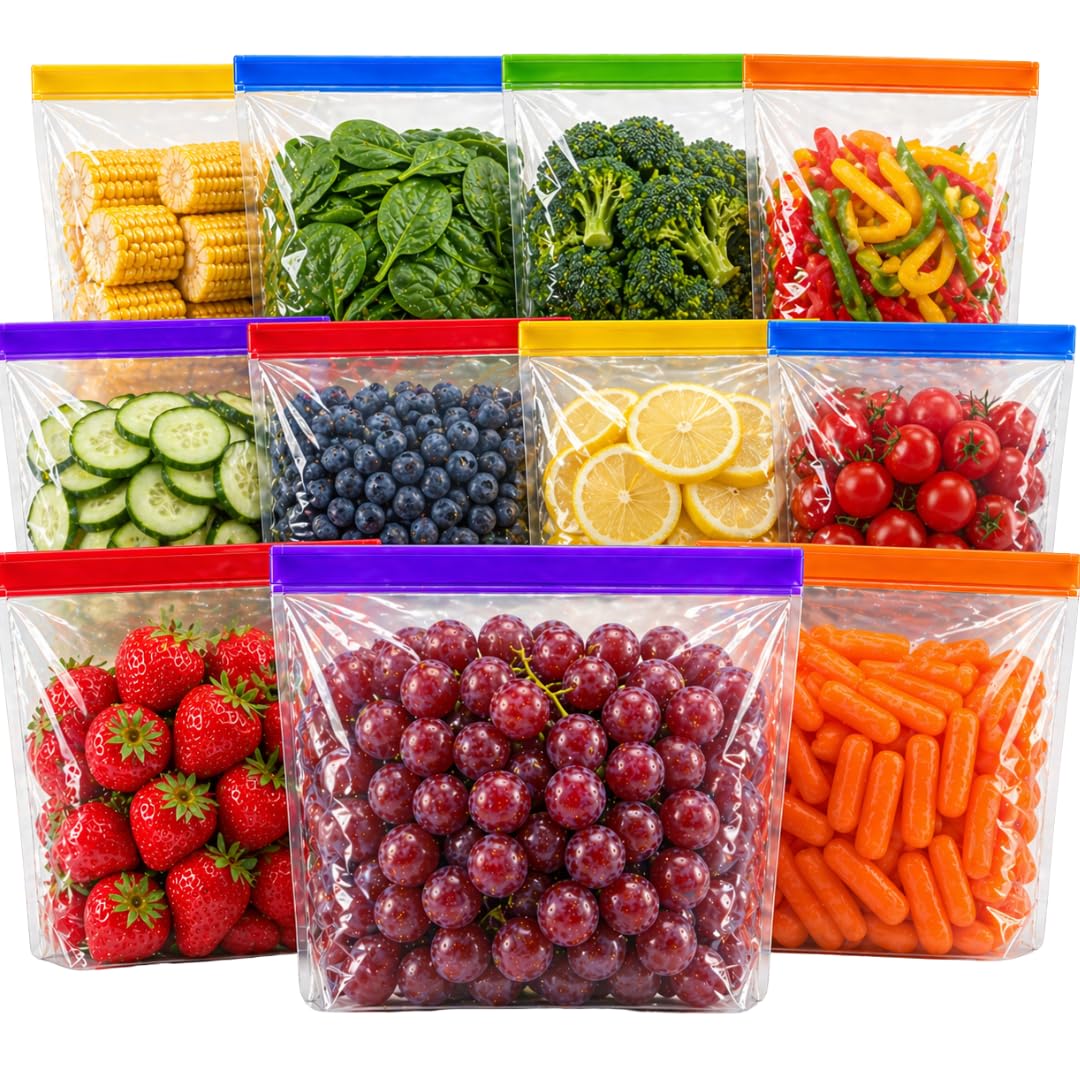 Reusable Food Bags 12 Pack BPA Free Zip Lock Freezer Storage Bags, Leakproof Press Seal Meal Prep Containers for Sandwich Snacks Soup, Large Multicolour Food Pouches