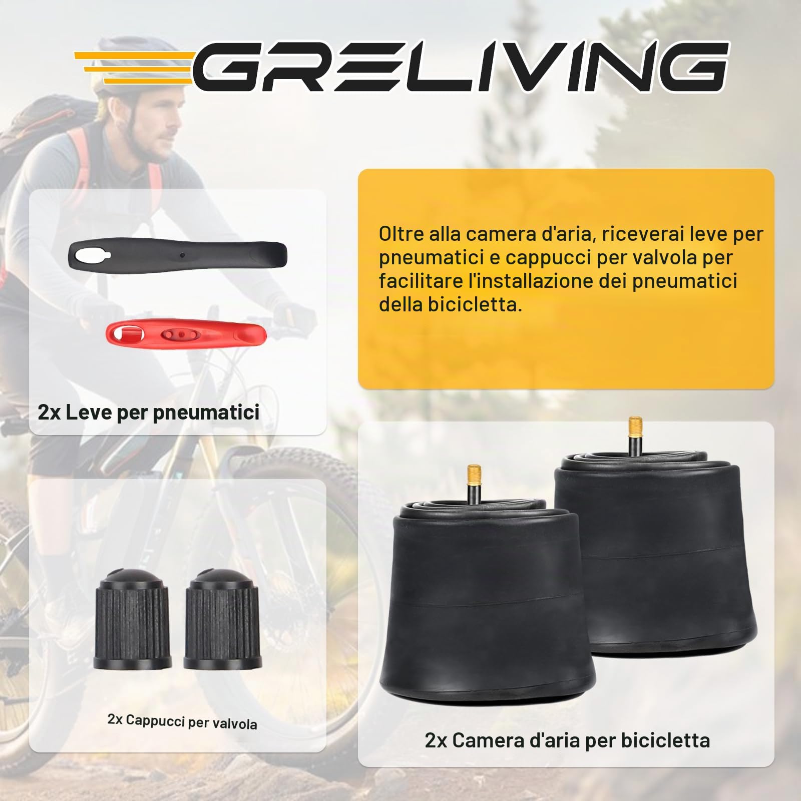 Lot 2 Chambres à Air GRELiving 20/26 X 3,0 – Valve Schrader AV35 – Pour Fat Bike, VTT, E-Bike – Leviers Inclus