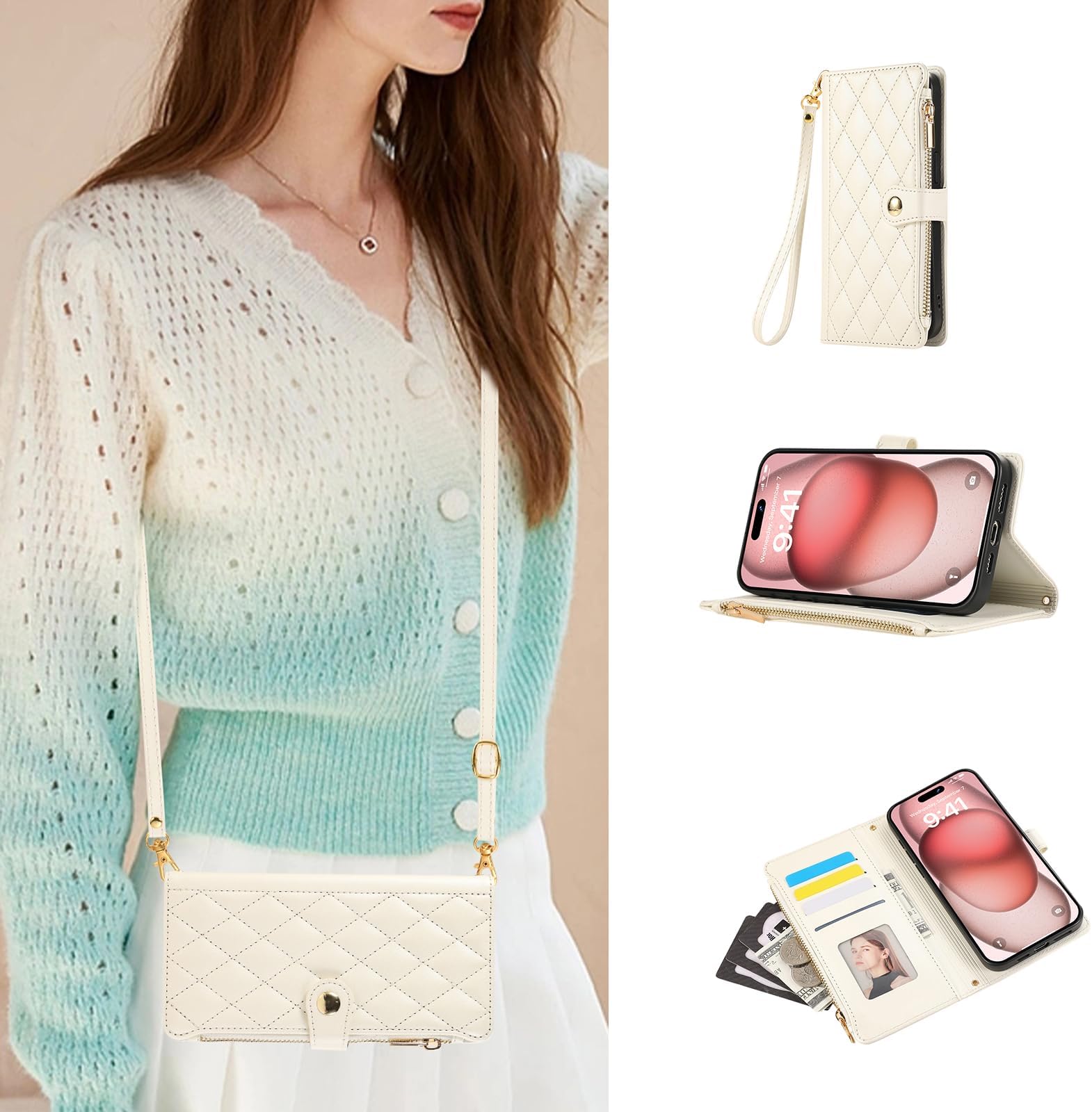 Wallet Phone Case for Sony Xperia 1 VI Flip Folio Leather Pocket Cover with Card Holder, Zipper Purse, Crossbody Strap, Magnetic, Stand, Shockproof Protective Women Case Beige