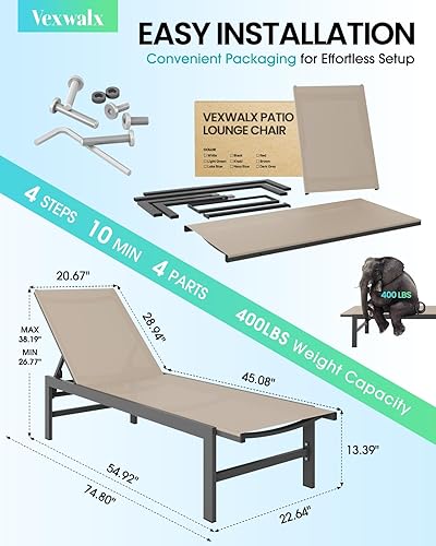 Miniatura 3 de Juego de 2 sillas de salón al aire libre de Vexwalx para piscina, sillas de salón tipo chaise de aluminio con reclinación de 5 posiciones, silla de