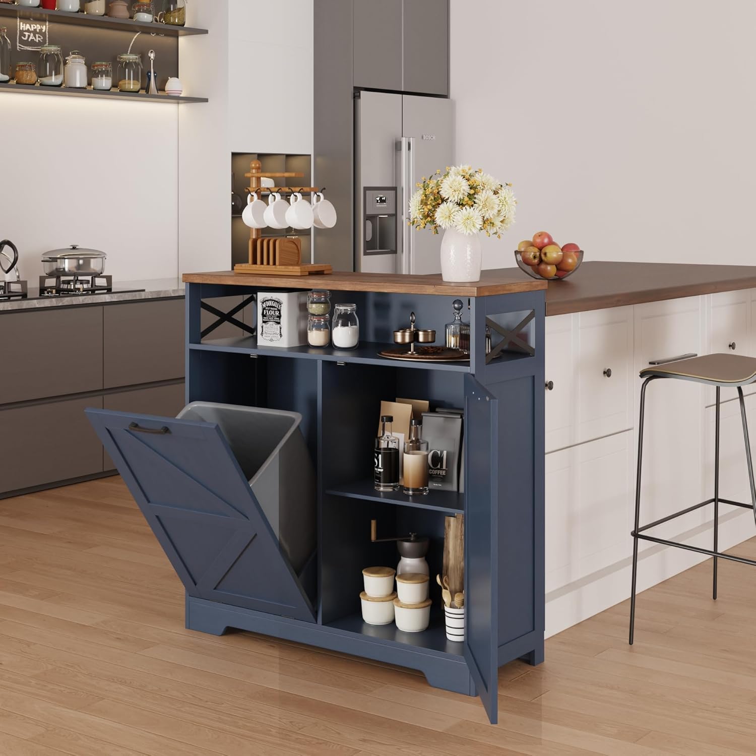 Befrases Tilt Out Trash Can Cabinet for 13 * 1 Gallon Trash Can, Farmhouse Kitchen Island Cabinet with Adjustable Shelf for Hidden Laundry Basket, Dog Proof Garbage Can for Dining Living Room, Blue