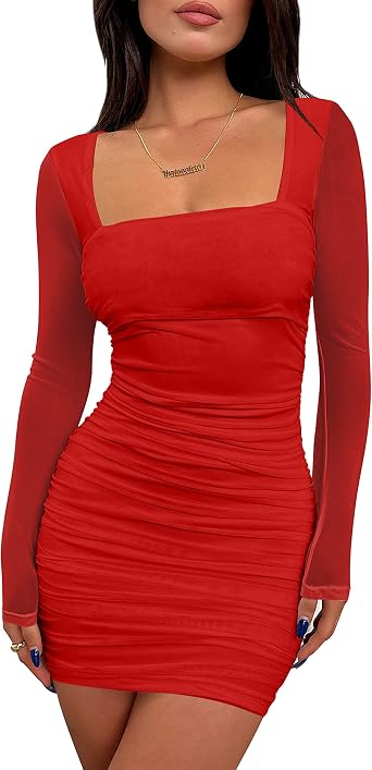 BORIFLORS Womens Sexy Ruched Bodycon Mini Dress Mesh Long Sleeve Club Party Short Dresses