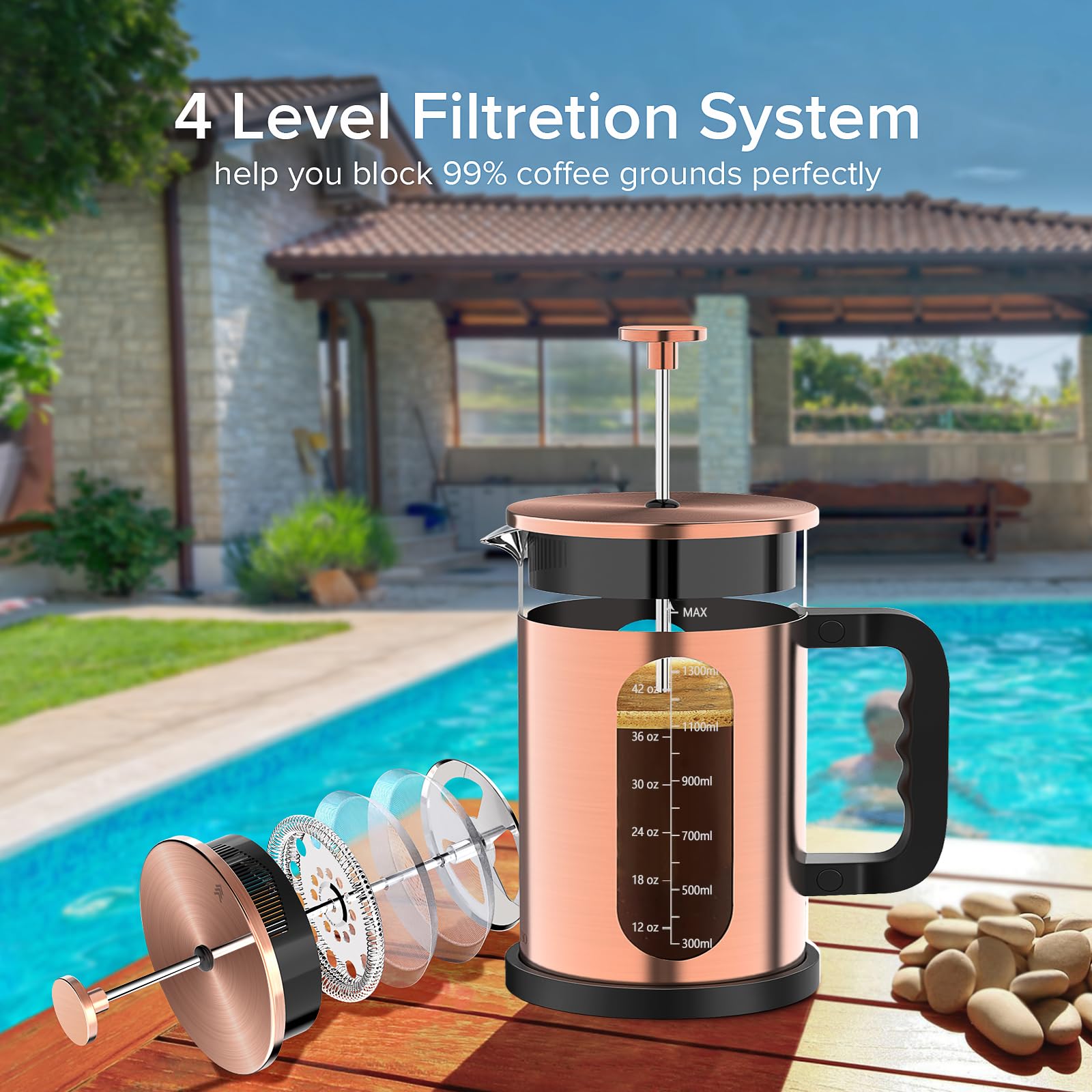 QUQIYSO Cafetera de prensa francesa de acero inoxidable 304 de 50 onzas, prensa francesa con 4 filtros, prensa de café de vidrio de borosilicato, cobre