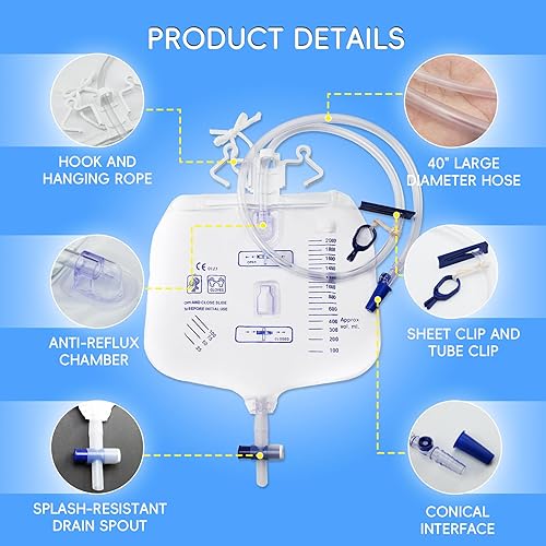 Miniatura 4 de Bolsas de catéter, bolsa de drenaje urinario con cámara antirreflujo, bolsa de orina multifuncional, con clips y escape de aire activo para colgar,