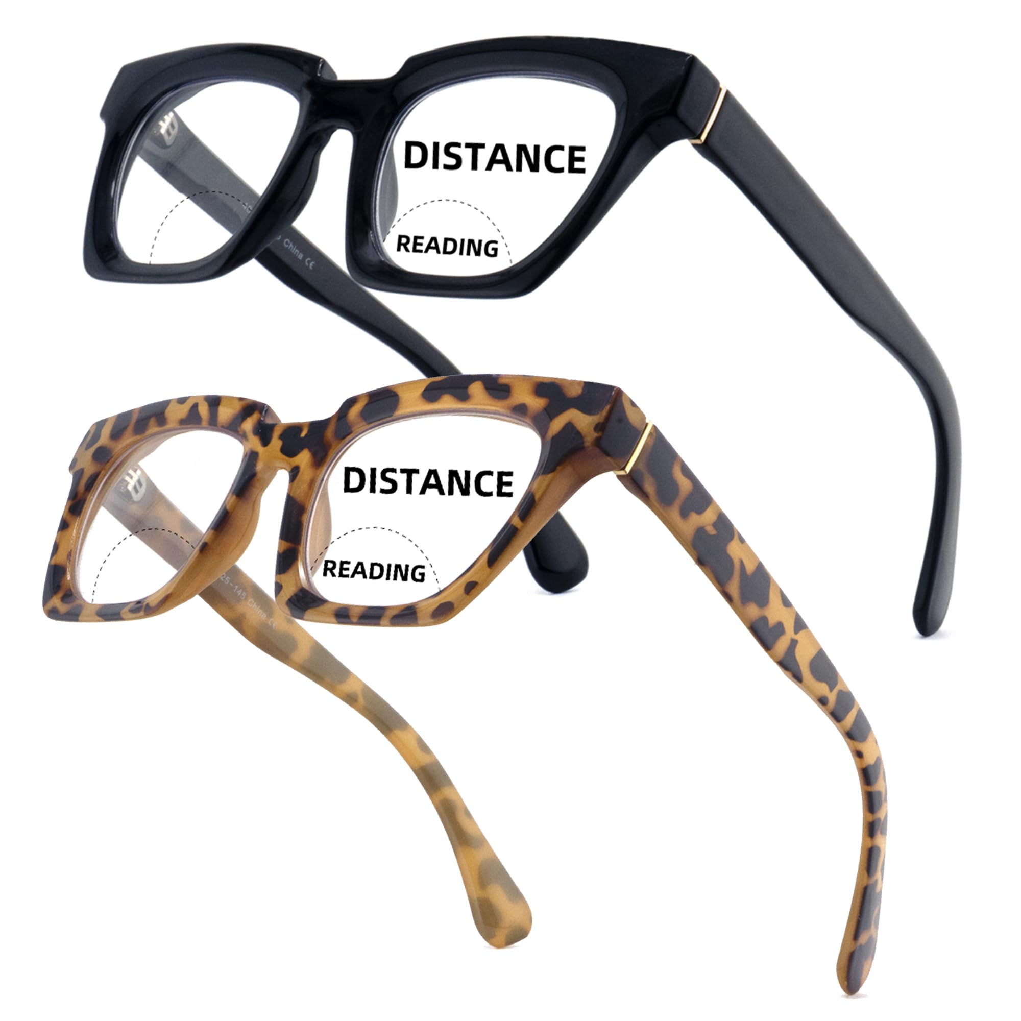 LOVIVY Bifocal Reading Glasses for Women Oversized Dual Focus Blue Light Readers Oprah No Line Clear Square Retro Eyewear (BK+YE, +1.25)