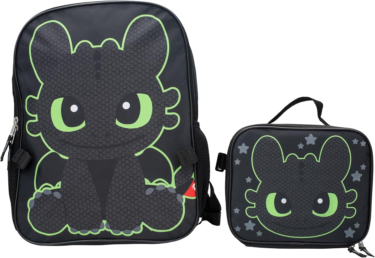 AI ACCESSORY INNOVATIONS How to Train Your Dragon Toothless Backpack and Lunch Box Set, 16 inch School Bag, Black