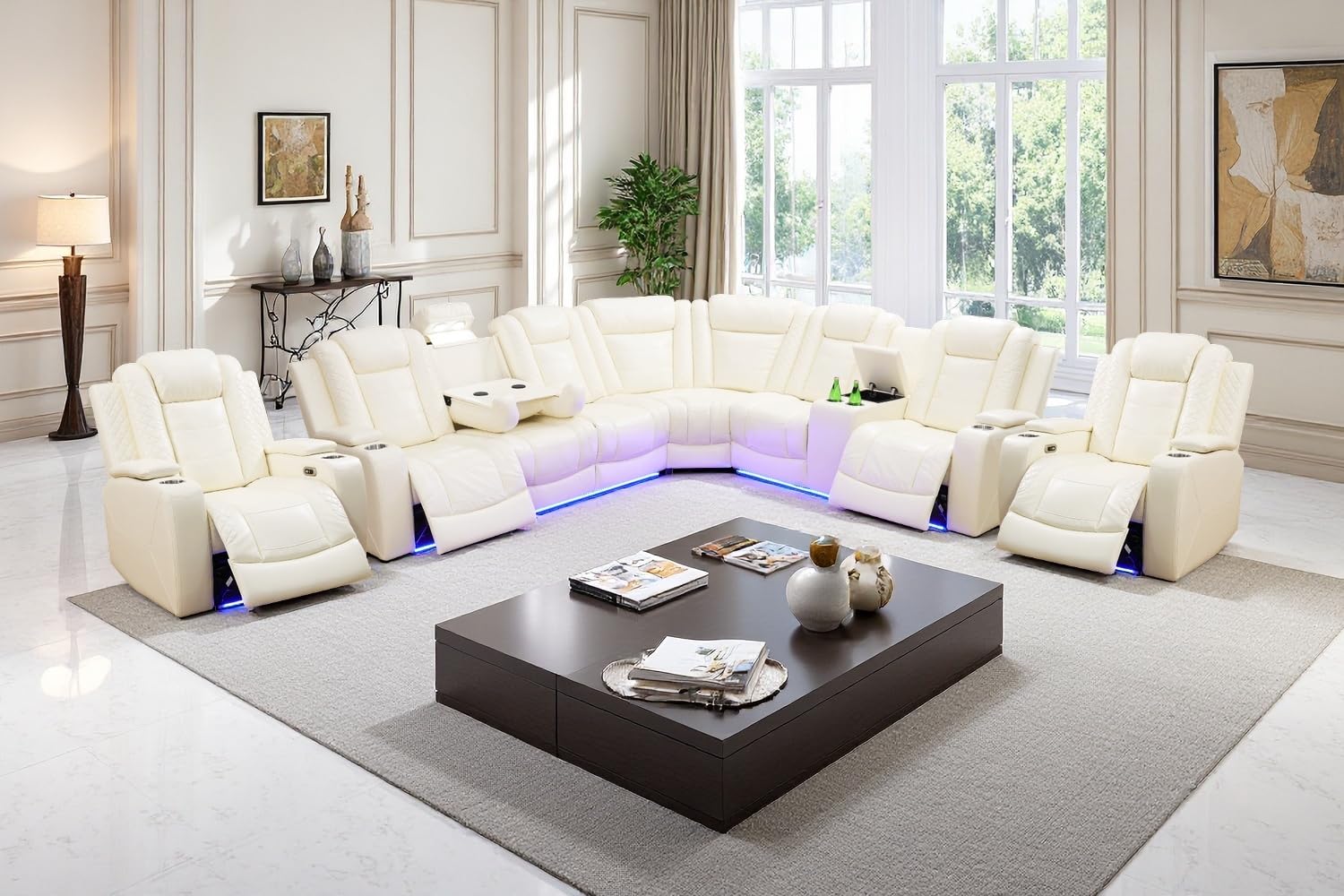 Power Recliner Sofa Sectional Couch with LED Light for Living Room Cream White Leather Reclining Corner Sectional Sofa