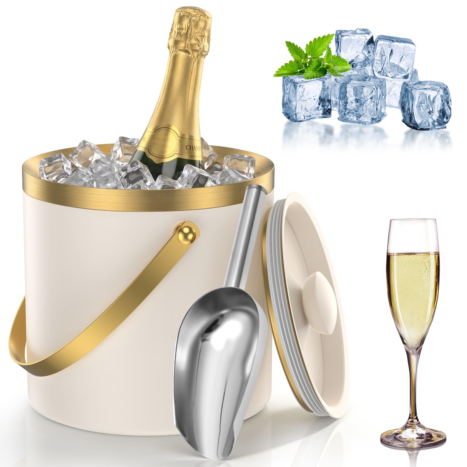 3L Eiswürfelbehälter Edelstahl Doppelwandig mit Deckel & Sieb(Weißgold)