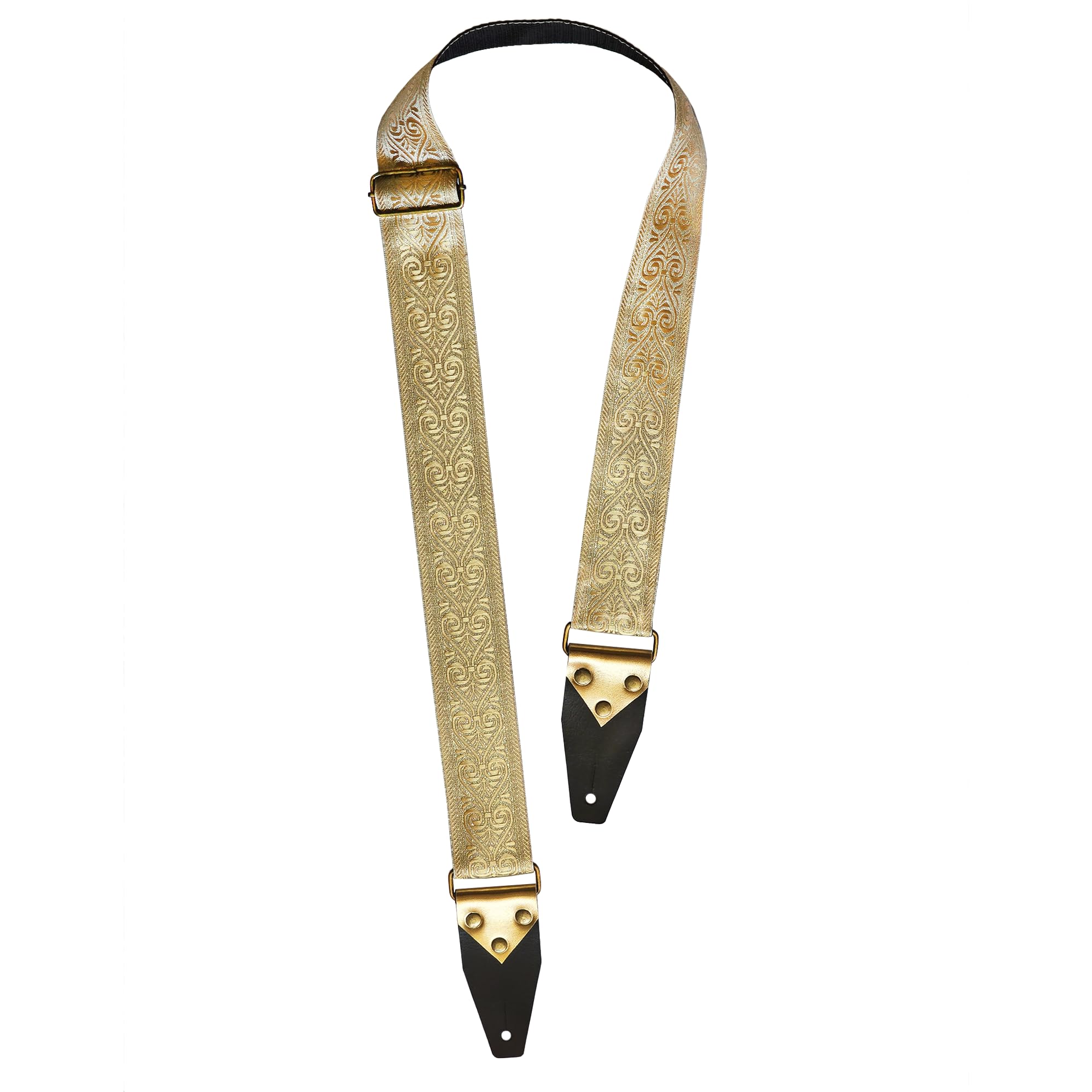 Goldener Gitarrengurt mit Plektrumhalter, Premium Gitarrengurt, E-Gitarrengurt, Lederenden, Vintage Design