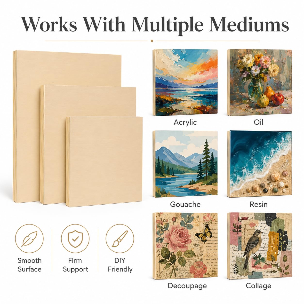 EXERZ Holzmalerei Panels 3er Pack (15,24 x 15,24 cm, 25,4 x 25,4 cm, 30,48 x 30,48cm) - Quadratische Gemischte Panels für Acryl-, Öl- & Mixed-Media-Malerei – Für Künstler, Kinder & DIY