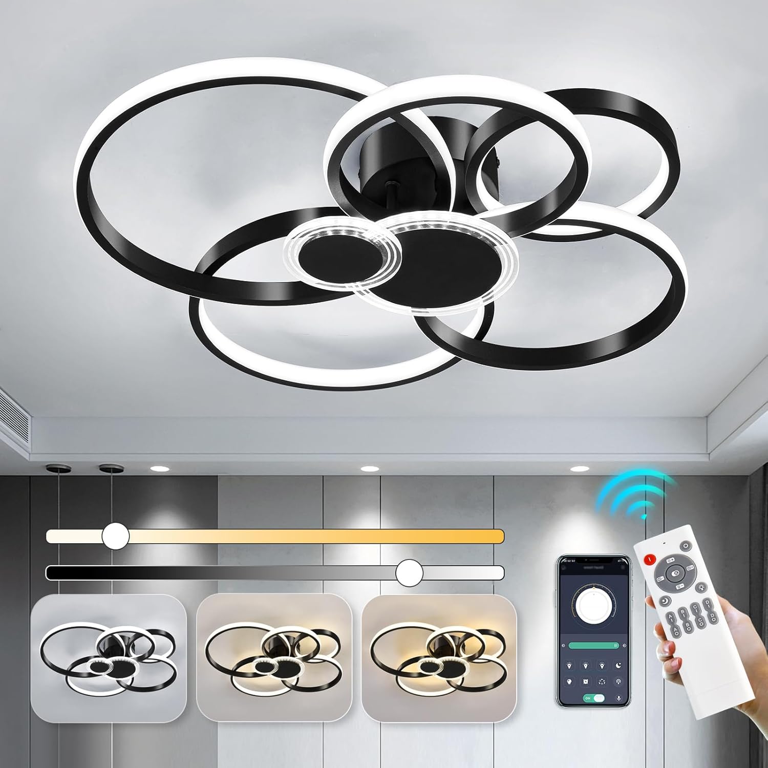 Modern LED Rings Flush Mount Ceiling Light Fixture – Black Ceiling Light with Remote Control and Smart APP Dimmable Ceiling Chandelier for Living, Bedroom, Kitchen, Laundry, Dining Room Modern LED Rings Flush Mount Ceiling Light Fixture – Black Ceiling Light with Remote Control and Smart APP Dimmable Ceiling Chandelier for Living, Bedroom, Kitchen, Laundry, Dining Room