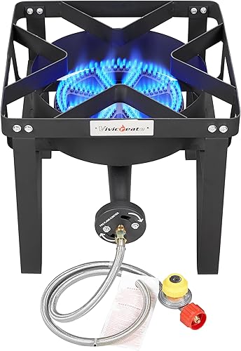 Miniatura 10 de Vivicreate Estufa de gas propano, 185000 BTU Estufa de camping al aire libre de alta presión con regulador, quemador de hierro fundido, regulador