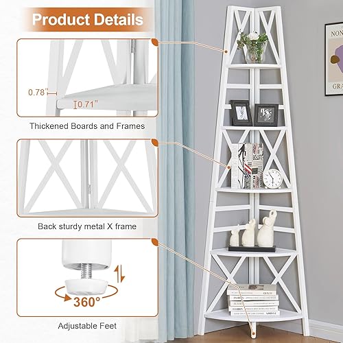 Vista 20 de HOMBAZAAR Estantería esquinera de 5 niveles, estantería de esquina industrial de 72 pulgadas, estantería alta con marco de metal, soporte rústico