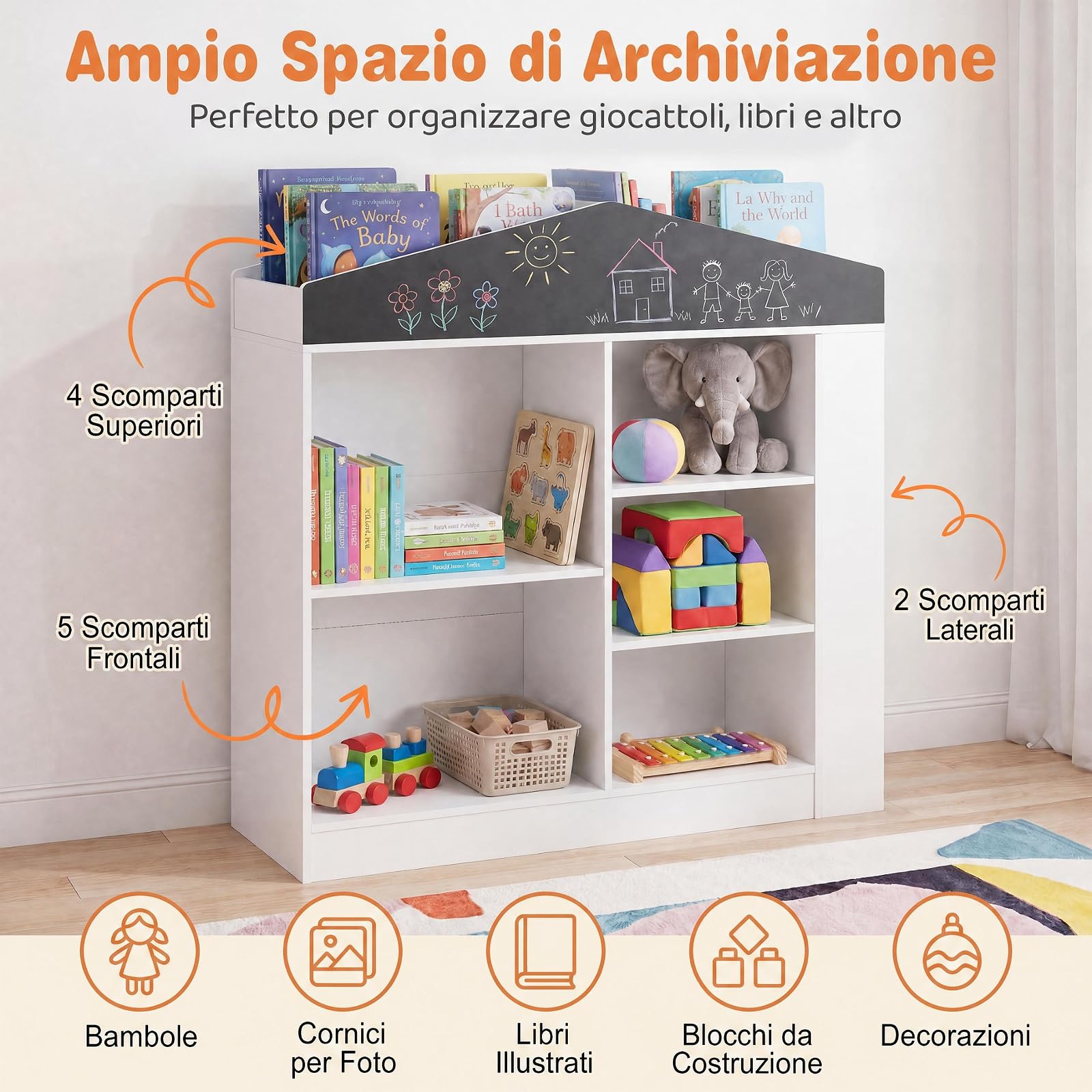 RELAX4LIFE Libreria Montessoriana per Bambini, Scaffale Portaoggetti con Scomparti e Lavagna, Libreria a Forma di Casa per Cameretta, Sala Giochi e Asilo Nido