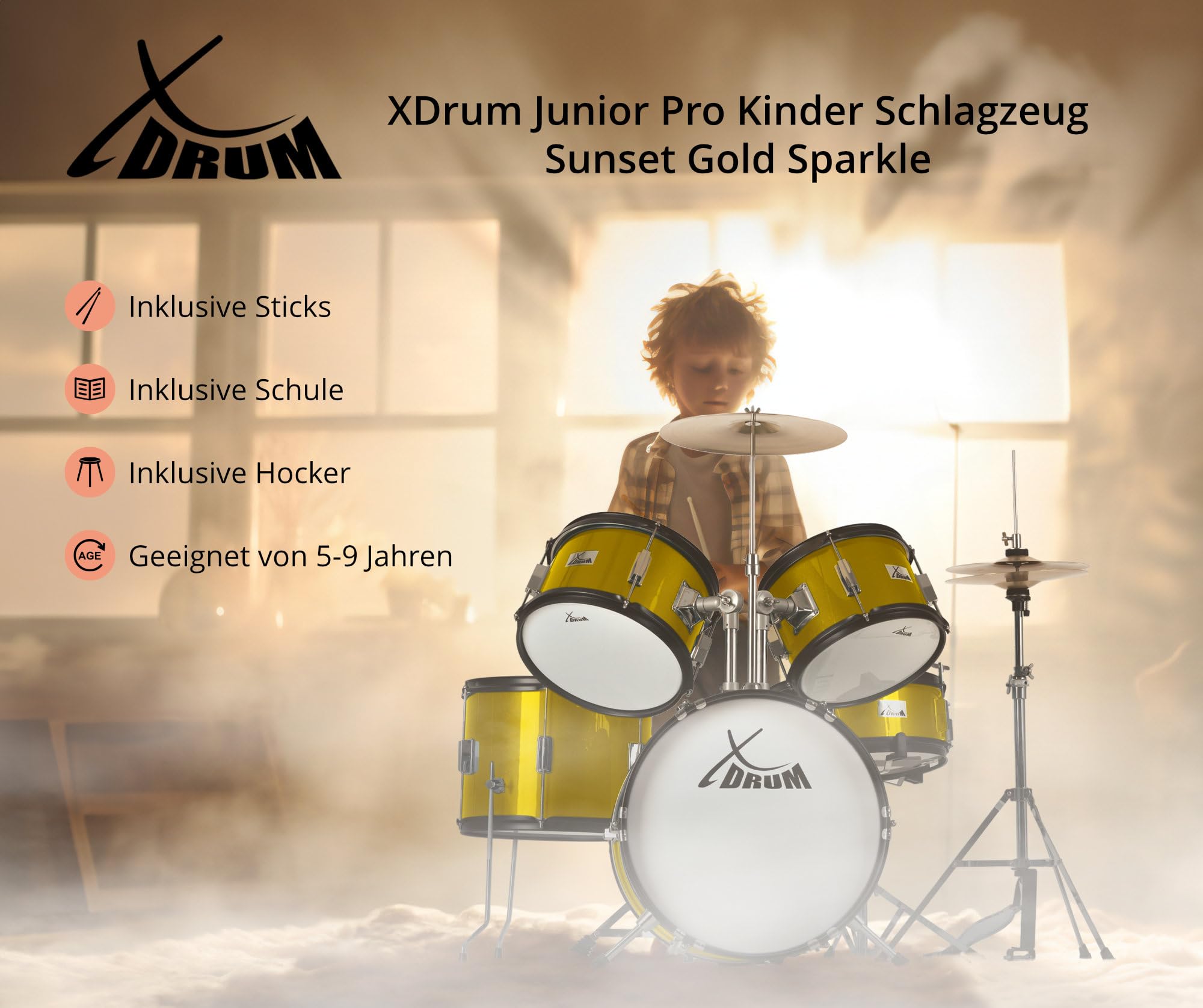 XDrum Junior Pro Kinder Schlagzeug Sunset Gold Sparkle - geeignet von 5-9 Jahren - Drumset mit komplettem Zubehör - inkl. Schule - Orange
