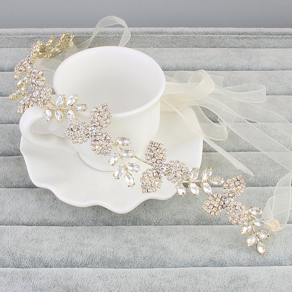 HOT Gorgeous Ladies Girls Leaf Crystal Hair Band with Ribbon - Bridal Flower Pearls Accessories for Wedding, Party - Alloy, Ribbon - 11.61 x 0.94 inch - Trending Headpiece image 2
