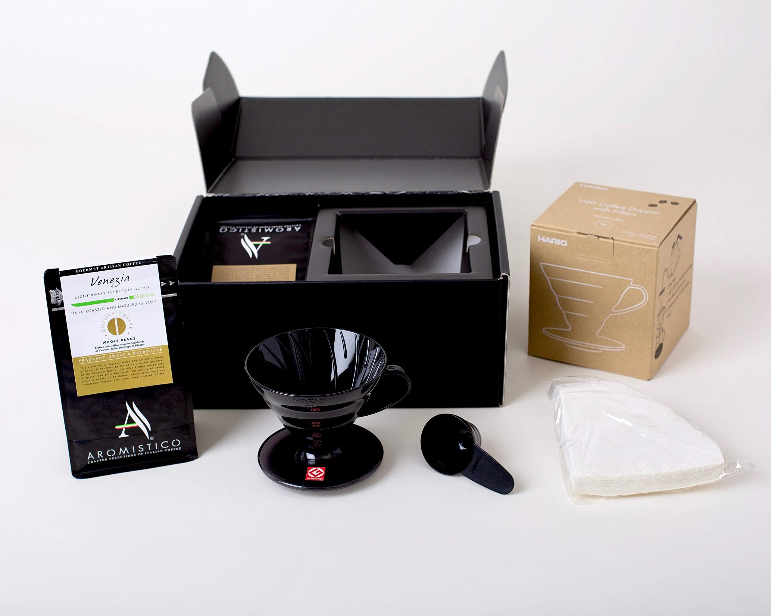 AROMISTICO Coffee Gift Set with Hario V60 Drip Coffee Maker (Beans - 2 x Venezia Blonde Light Roast Blend + Hario V60 DRIPPER - Brewer Gift Set)