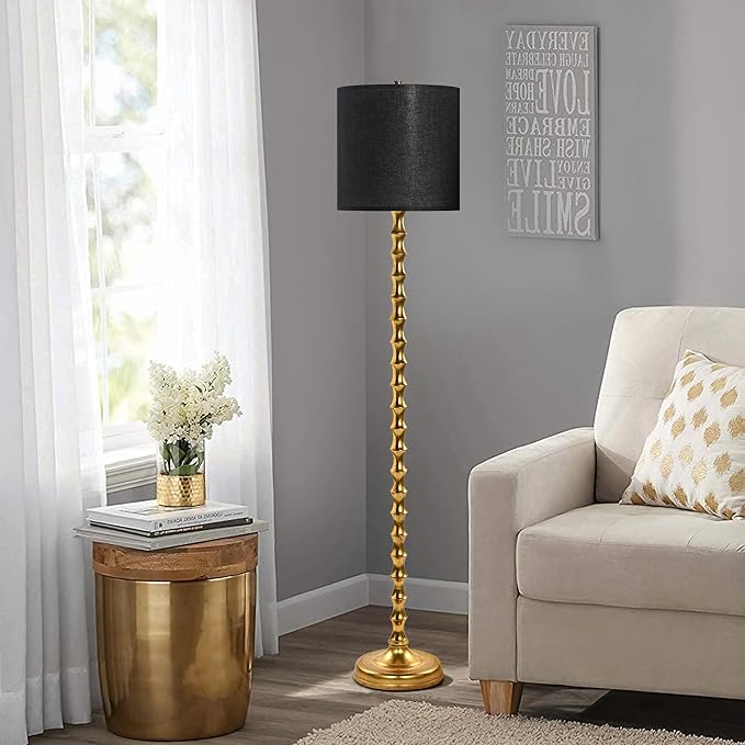 HGNPJC 64.5" Tall Floor Lamp, Vintage Gold Finish with White/Black Linen Shade, 3-Level Lighting, Sturdy Base for Living Room, Bedroom, Nursery Decor