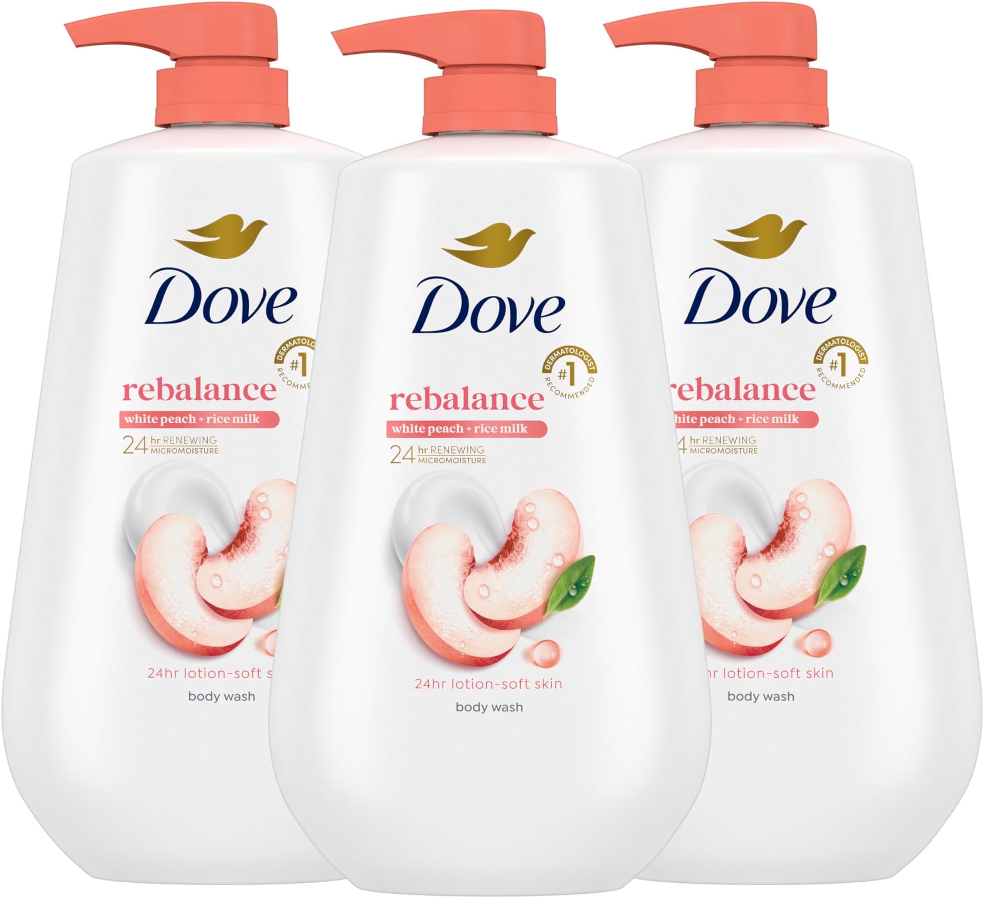 Body Wash 3 Count Rebalance White Peach & Rice Milk For 24hr Lotion-Soft Skin Moisturizing Skin Cleanser with No Sulfates No Parabens