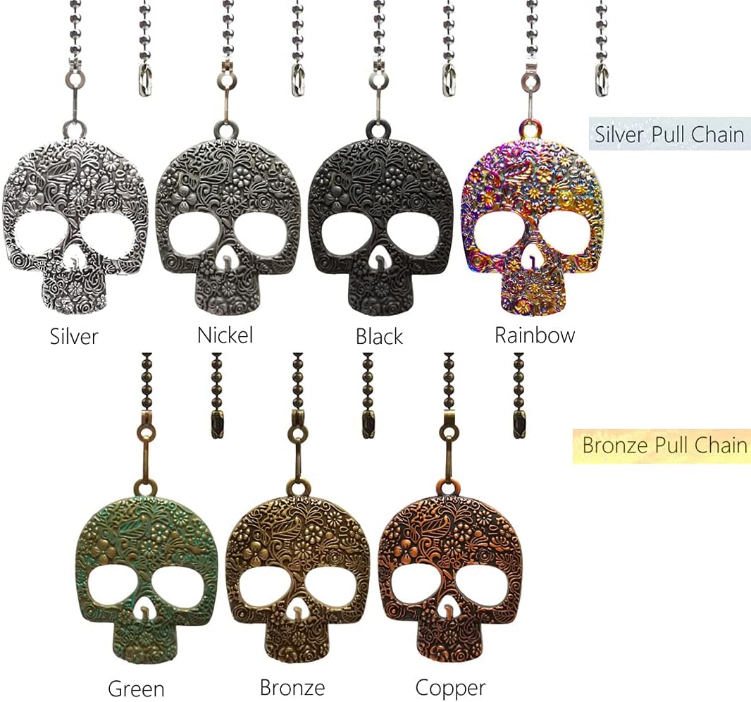 12 Inch Ceiling Fan Pull Chain with Vintage Skull Charm - Fan Pull Chain Extension, Pull Chains for Ceiling Fans and Lights with Connector(Silver)