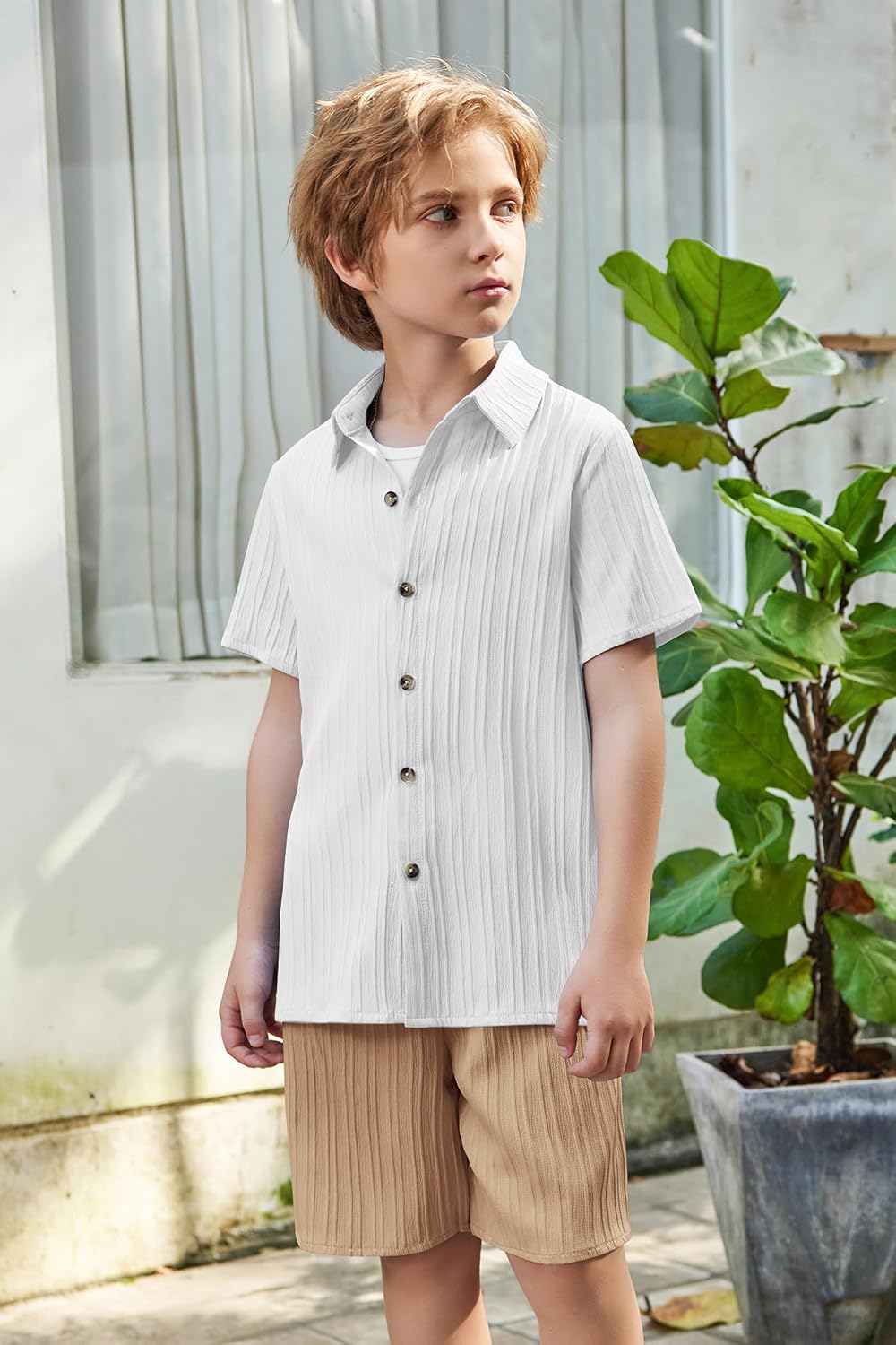 Arshiner Boy's Textured Button Up Shirt and Shorts Set 2 Piece Summer Beach Outfit for 5~12 Years Kids