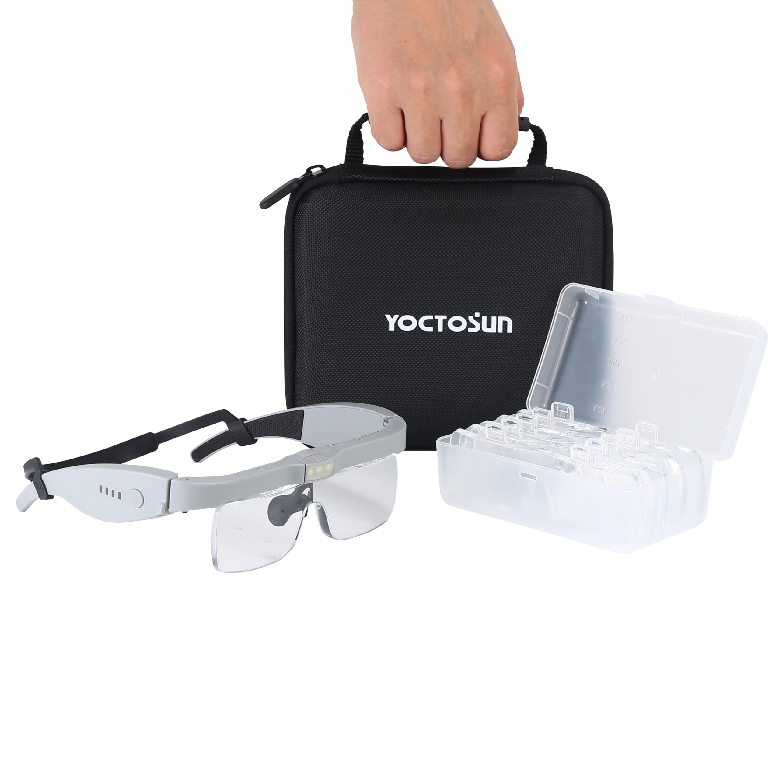YOCTOSUN Head Magnifier Glasses with 3 LED Lights,Storage Case,Head Strap and 5 Detachable Lenses 0.75X,1.25X,2.0X,3.0X 4.0X,Hands Free Magnifying Glass for Close Work,Hobby & Crafts