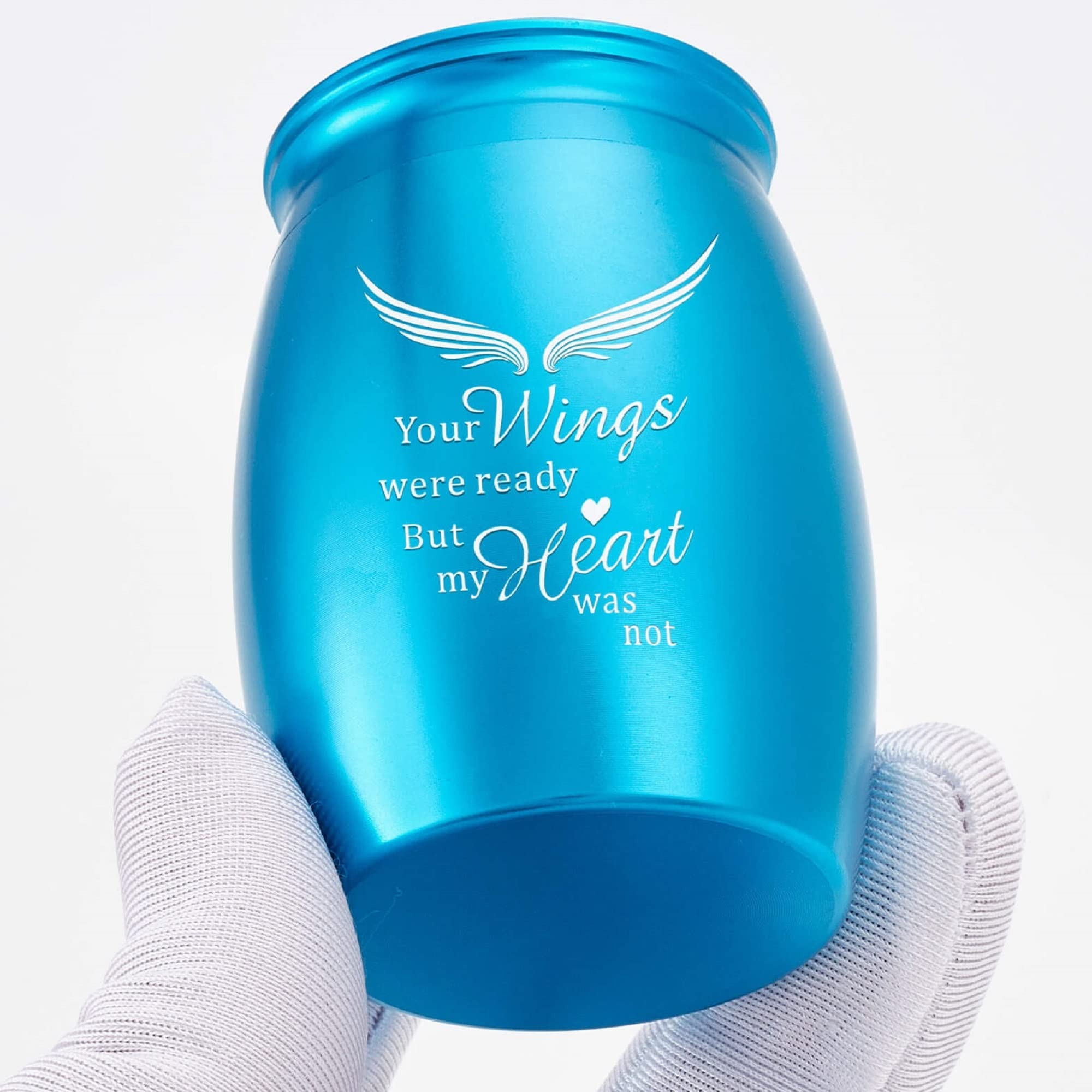 LINES ARTE Blue Mini Keepsake Urns for Human Ashes, 2.6x1.7Inch Aluminum Small Blue Urns for Ashes Adult Male/Female Engraved with Angel Wings