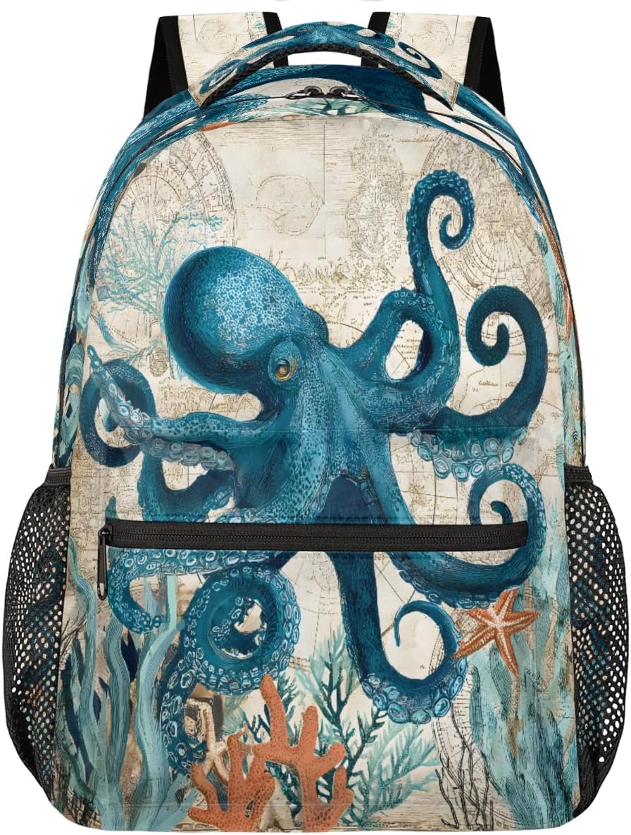 Vintage Octopus Ocean Backpack for Kids Girls Boys School Backpack Aesthetic Students Bookbag 16 inch Laptop College Daypack Lightweight Gym Travel Bag Sports Computer Rucksack