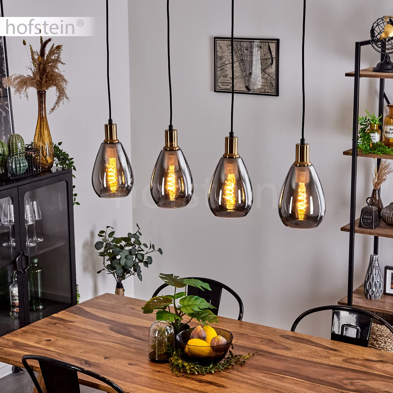 Lampa wisząca Lincura, lampa wisząca z metalu/szkła w kolorach czarnym/mosiężnym/dymnym, lampa/retro z kloszami z przydymionego szkła, 4 płomienie, wysokość maks. 119cm, E27, bez żarówek