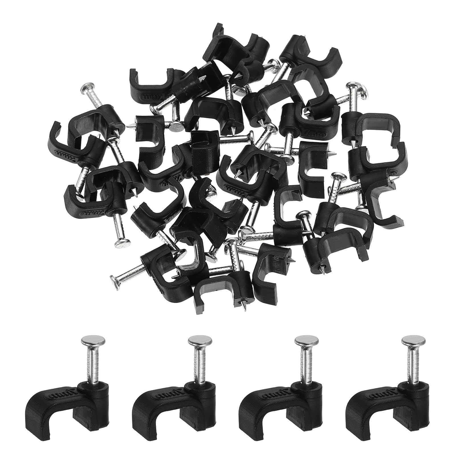 sourcing map 120pcs Cable Clips with Nail 7mm ID Squarer Single Half Clamp J-Hook with Nail Cord Clips for Wires on Wall for Ethernet Tacks Coax Pex Tubing Pipe Support, Black