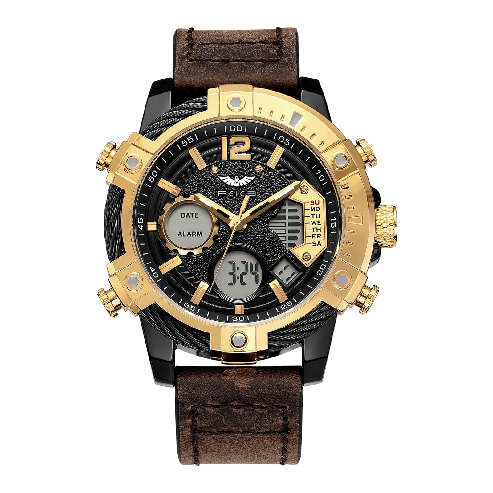feice Men's Watch Wristwatches Chronograph Sport Watch Japanese Quartz Analog-Digital Waterproof Watches FK038 Multifunctional Luminescent Industrial Style Punk Watch-Gold, Multicolor, Strap-picture-51