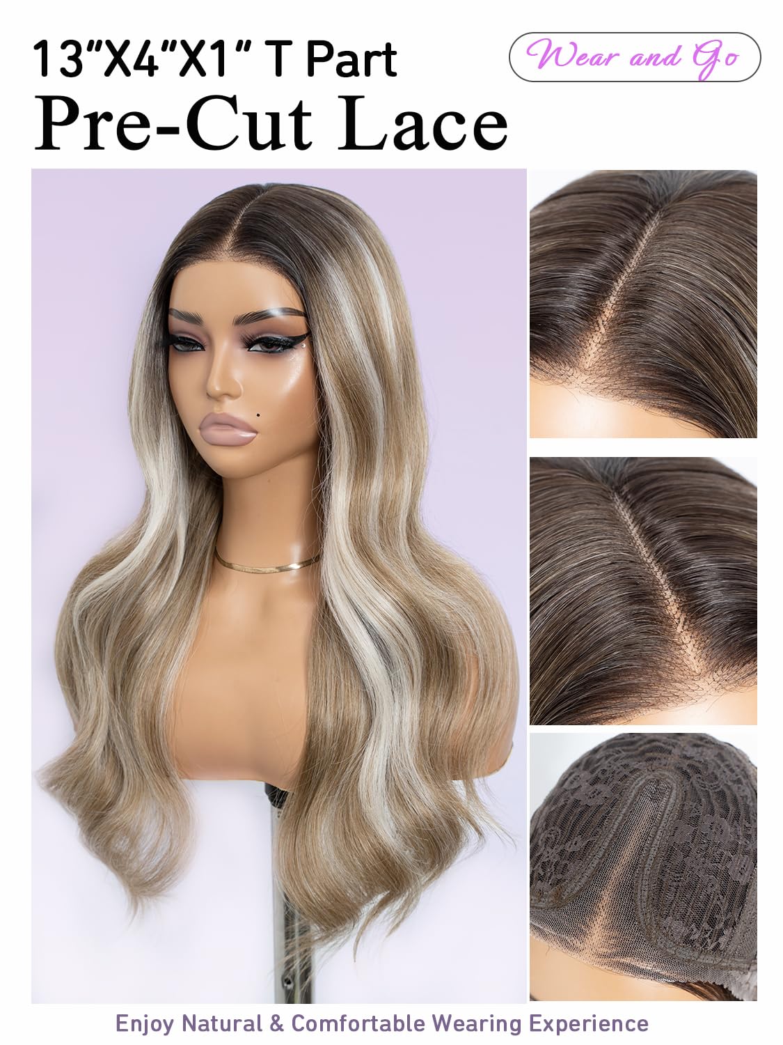 STYLE ICON Perruque blonde longue et ondulée pour femme, 66 cm, raie au milieu, bord en dentelle avec racines foncées, synthétique, sans colle, prête à porter