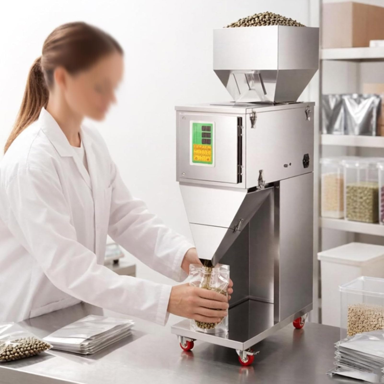 Oiyekntd Particle Filling Machine 10~500g/10~999g Particle Weighing Filling Machine Stainless Steel Automatic Powder Racking & Filling Machine Weigh Filler for Tea/Seed/Grain 500g