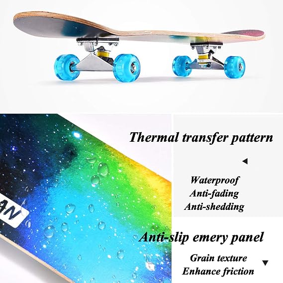 Skateboards for Beginners 31 x 8 inch Complete Skateboard for Kids Teens Adults, 7 Layer Maple Double Kick Deck Concave Cruiser Trick Skateboard for Boys Girls, Colorful Flashing Wheels