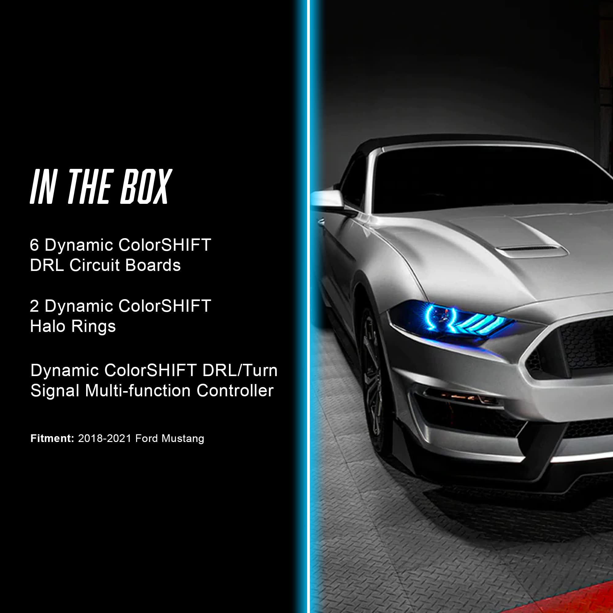 ORACLE LIGHTING Dynamic ColorSHIFT DRL Upgrade with Halo Kit & Sequential Turn Signal | 2018-2022 Ford Mustang, 6 DRLs, 2 Halos and a Controller, Part # 1446-332